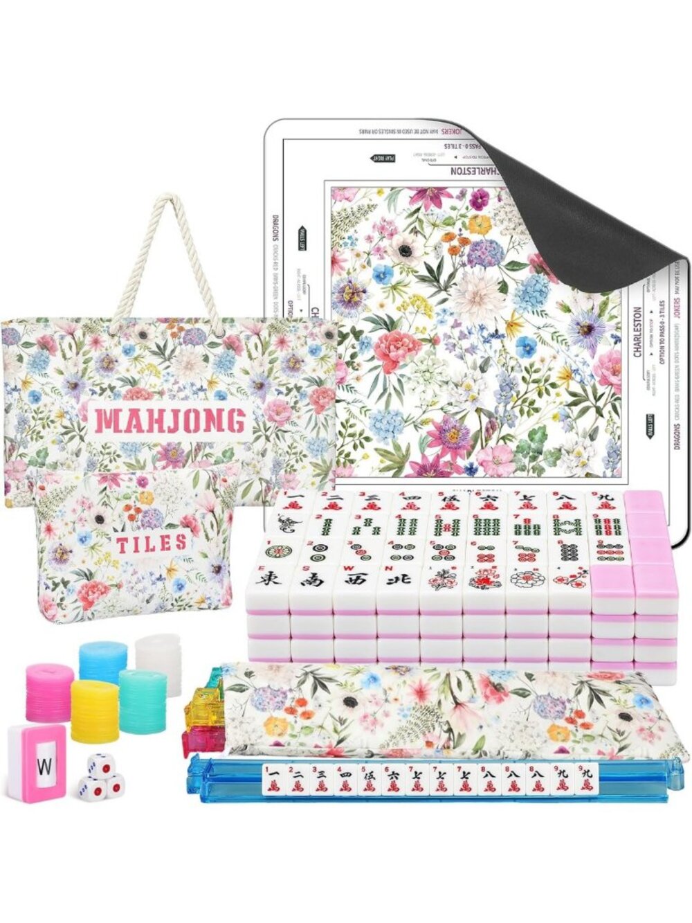 Complete 179 Pcs American Mahjong Tile Set with Floral Bags - Fun Game Night!